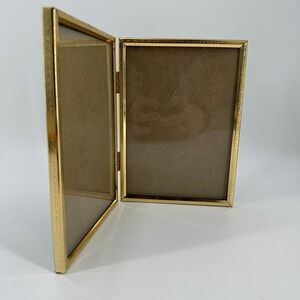 Vintage Gold Double Hinged Metal Frame 5x7 Photo Display Ornate Mid-Century